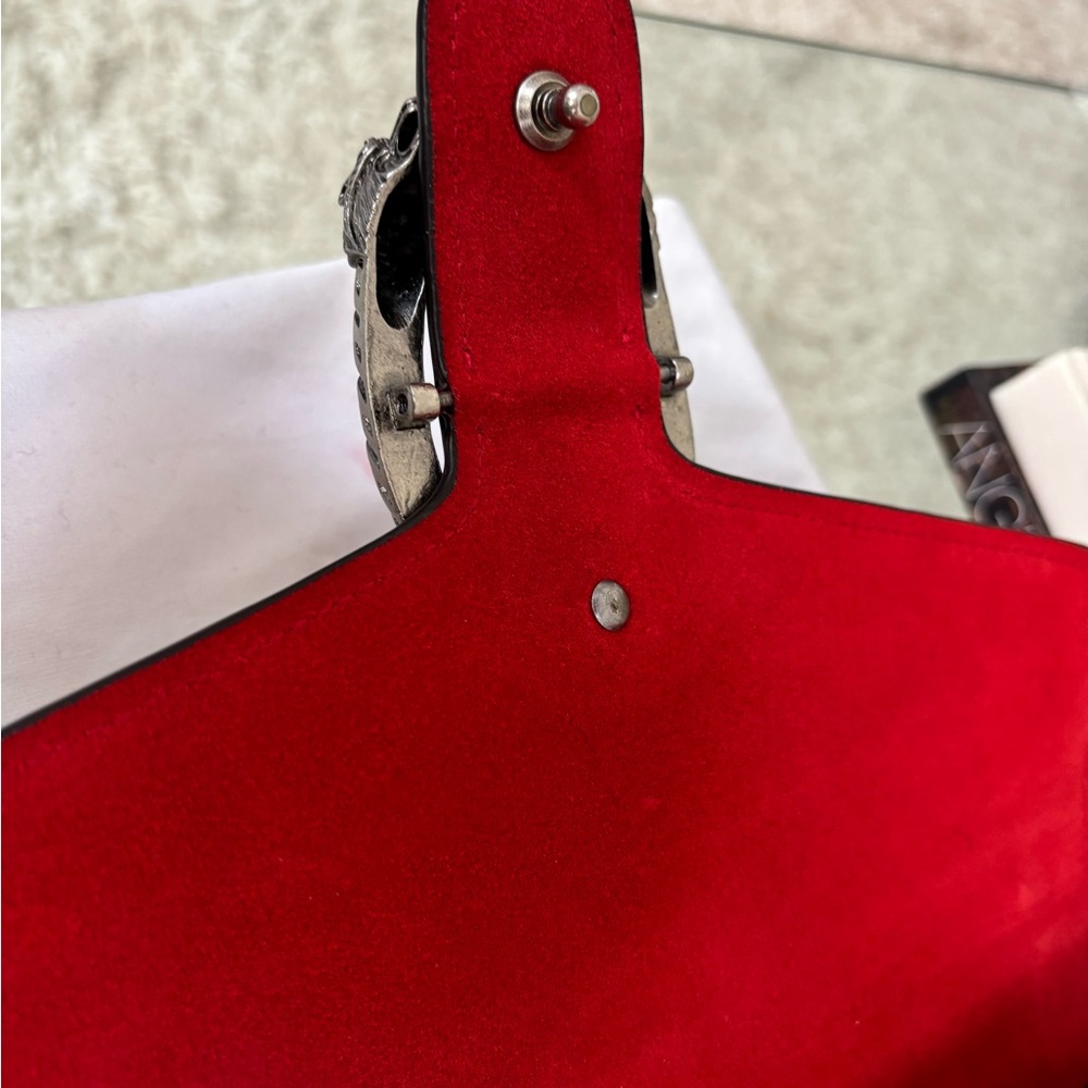 Designer Inspired G G Supreme Shoulder Bag in Brown Monogram with Red Suede - Picture 10 of 14
